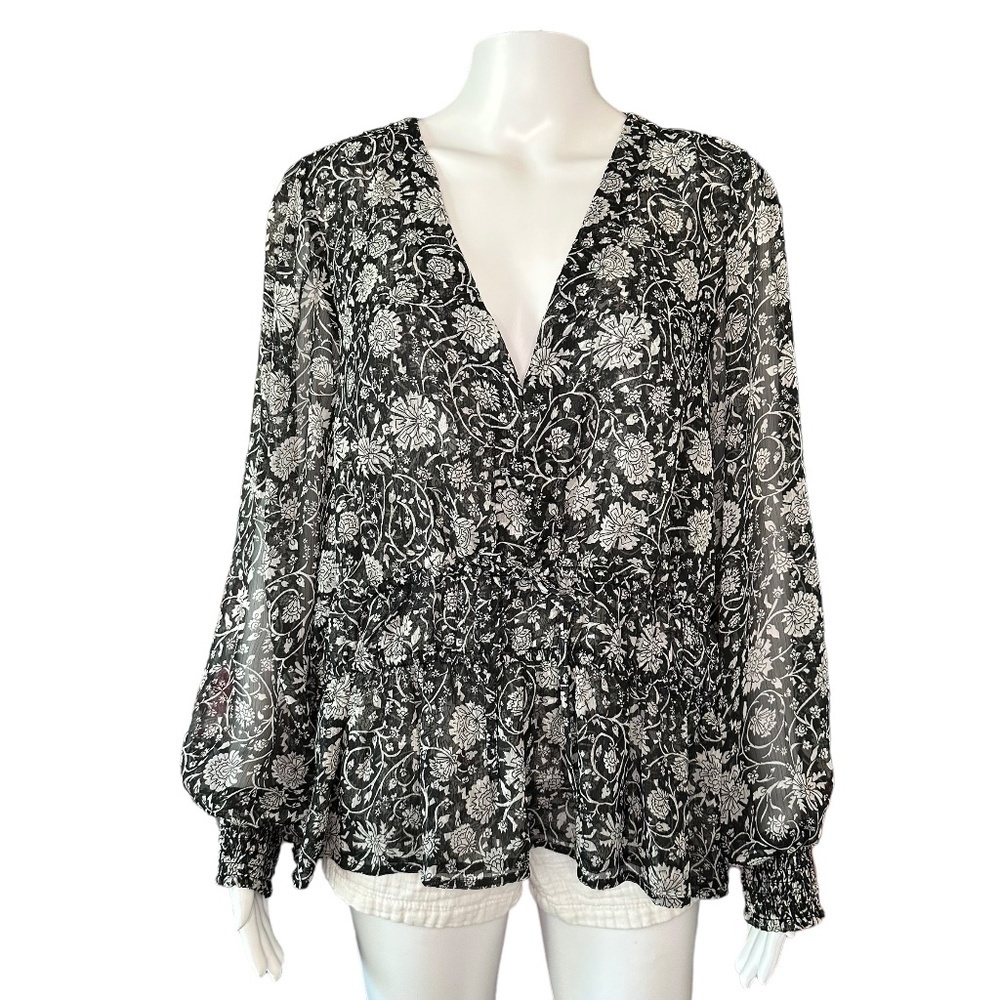 Old Navy NEW 2X Peplum Long Sleeve Floral Smocked Tie Front Puff Sleeve Blouse